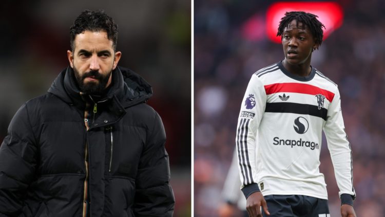 Split image of (L) Ruben Amorim and (R) Kobbie Mainoo both loking on during Manchester United games
