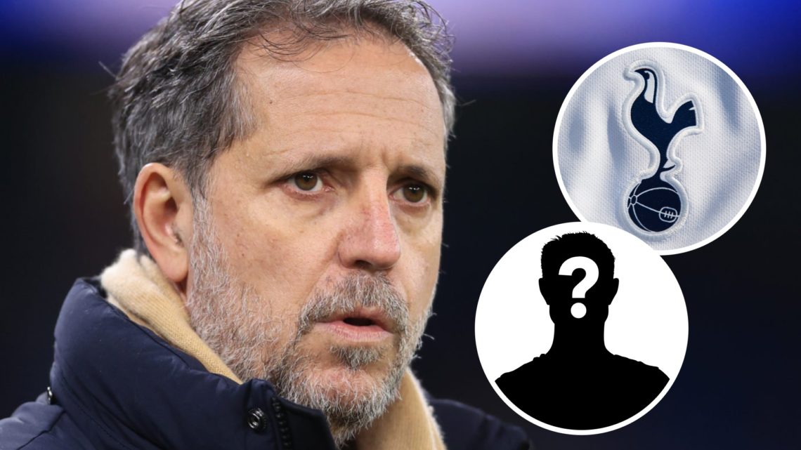 Tottenham Hotspur sporting director Fabio Paratici looks on ahead of Premier League match. Inset of Spurs badge and mystery player.