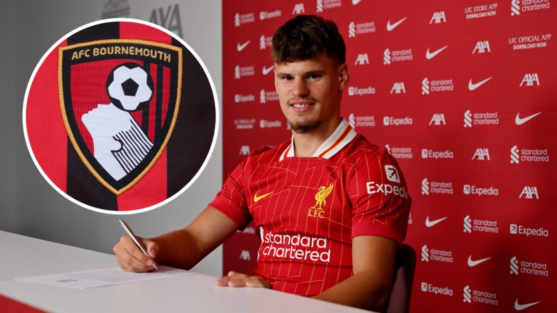 Milos Kerkez signs his contract with Liverpool, Bournemouth badge inset