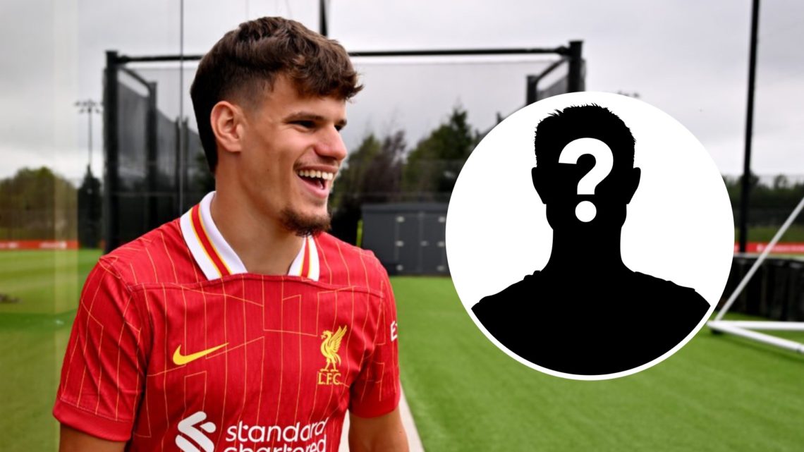 New Liverpool signing Milos Kerkez laughs at his unveiling. Inset, question mark.