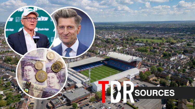Aerial view of Selhurst Park, insets of Woody Johnson, Steve Parish and English currency