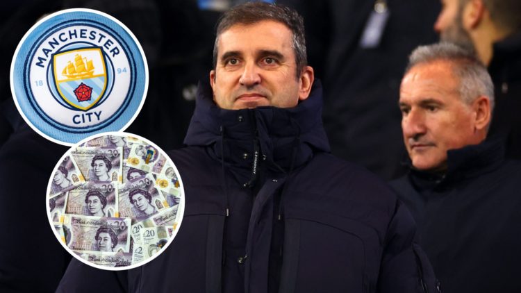 Manchester City CEO Ferran Soriano ahead of Premier League match at the Etihad Stadium. Inset of Man City badge and 20 pound notes.