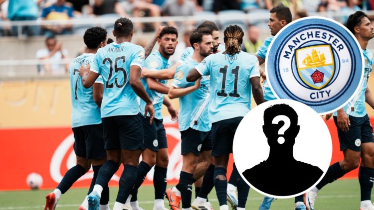 Manchester City players celebrate second goal against Juventus after Juventus' own goal at the FIFA Club World Cup. Inset of Man City badge and mys...