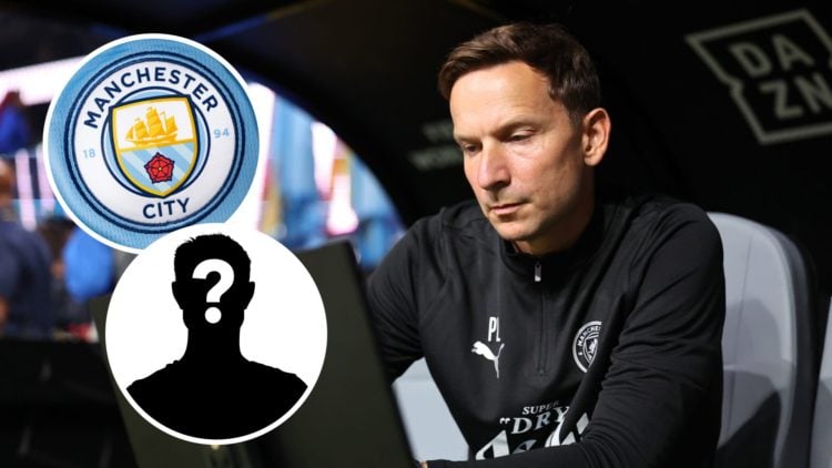 Manchester City assistant manager Pep Lijnders during Man City vs Al Ain at the FIFA Club World Cup. Inset of Man City badge and mystery player.