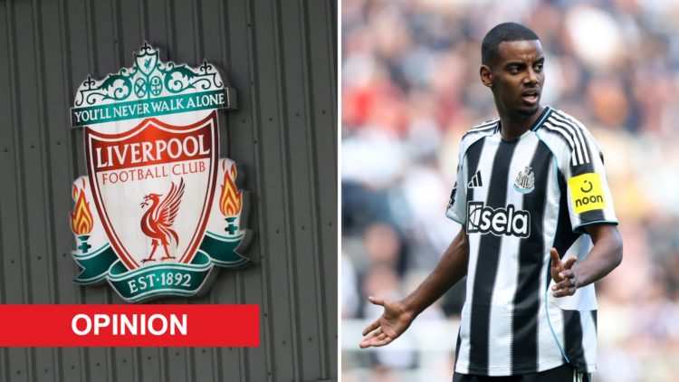 Split image of Liverpool badge and Alexander Isak