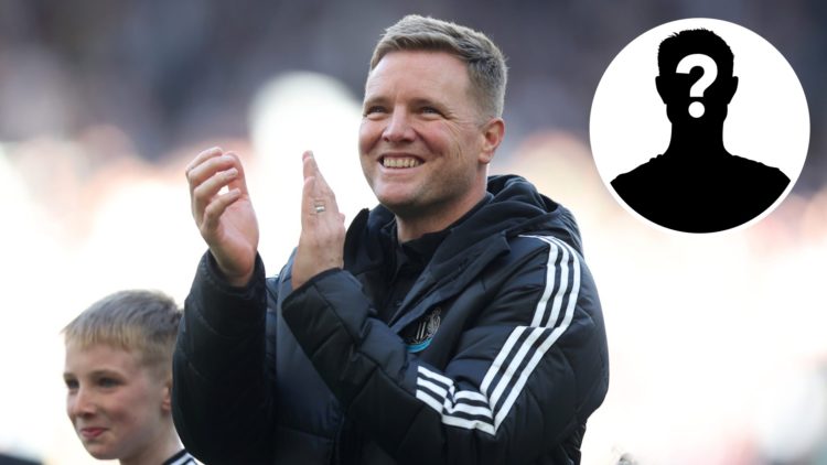 Image of Eddie Howe applauding the Newcastle fans with overlay of mystery player
