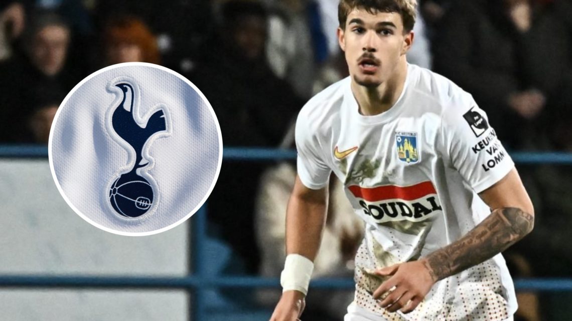 Westerlo defender Luka Vuskovic. Inset of Tottenham Hotspur badge.