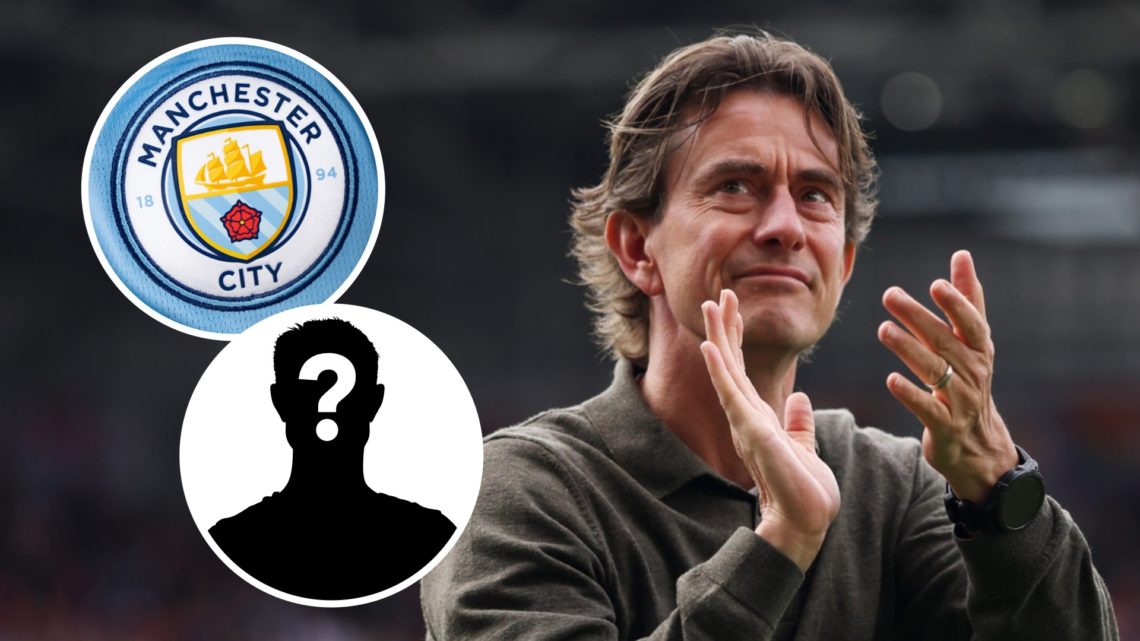 Tottenham Hotspur manager Thomas Frank after Premier League match. Inset of Manchester City badge and mystery player.