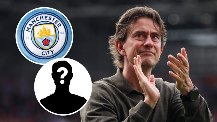 Tottenham Hotspur manager Thomas Frank after Premier League match. Inset of Manchester City badge and mystery player.
