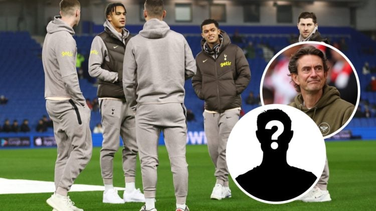Ashley Phillips with the Tottenham Hotspur squad ahead of game against Brighton. Inset of Spurs manager Thomas Frank and mystery player,