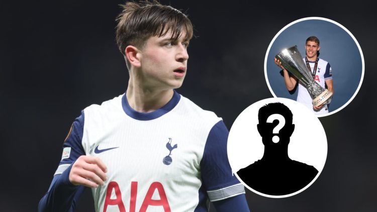 Tottenham Hotspur winger during Mikey Moore Europa League match. Inset of Micky van de Ven with Europa League trophy and mystery player.