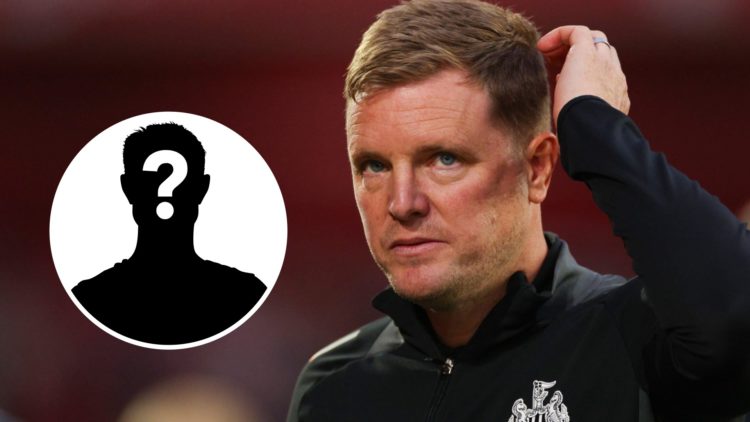 Eddie Howe looks on after Newcastle's match in the Carabao Cup. Inset, question mark.