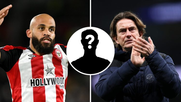 Manchester United target Bryan Mbeumo (L) in action for Brentford and Tottenham Hotspur manager Thomas Frank (R) after Premier League match. Inset ...