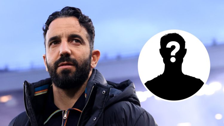 Manchester United boss Ruben Amorim looks on at Old Trafford. Inset, question mark.