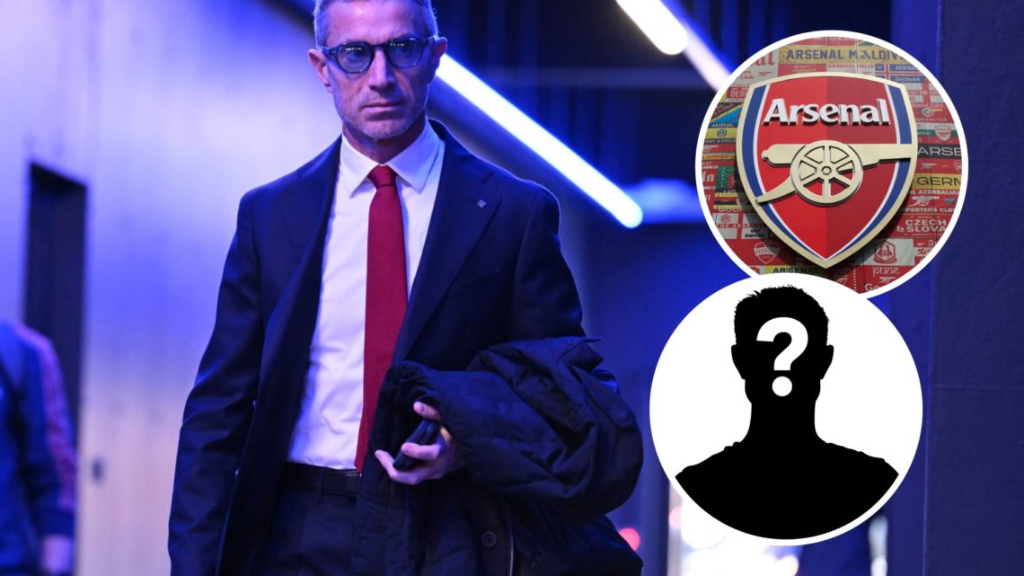 Arsenal sporting director Andrea Berta arrives at Portman Road for Premier League match. Inset of Arsenal badge and mystery player.