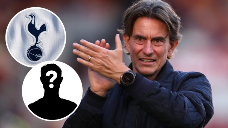 Brentford manager Thomas Frank. Inset of Tottenham Hotspur badge.