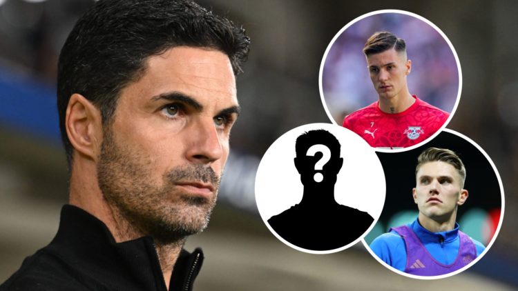 Arsenal boss Mikel Arteta looks on. Inset, strikers Benjamin Sesko and Viktor Gyokeres.