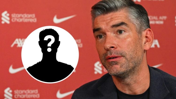 Liverpool sporting director Richard Hughes looks on at a press conference. Inset, question mark.