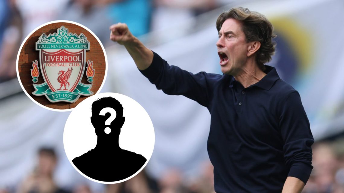 Tottenham Hotspur manager Thomas Frank shouts instructions during Premier League match. Inset of Liverpool badge and mystery player.