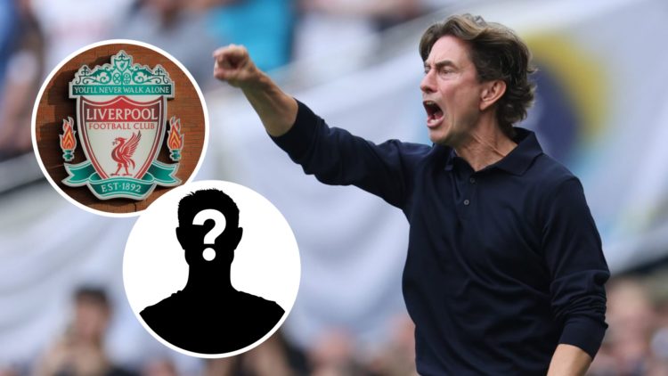 Tottenham Hotspur manager Thomas Frank shouts instructions during Premier League match. Inset of Liverpool badge and mystery player.