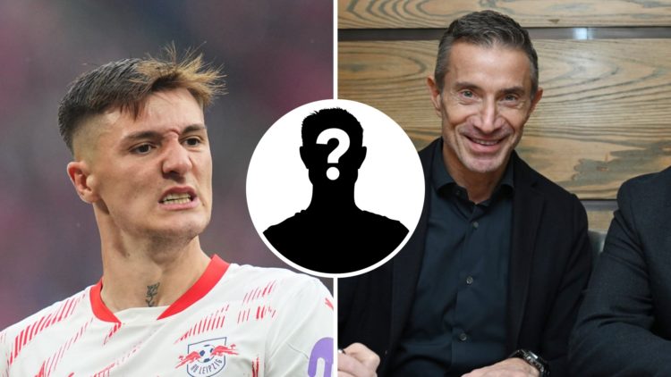 Split image of RB Leipzig striker Benjamin Sesko (left) during Bundesliga matach and Andrea Berta (right) signing his Arsenal contract. Inset of my...