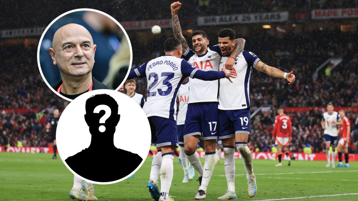 Tottenham Hotspur defender Cristian Romero celebrates Dominic Solanke's goal at Old Trafford. Inset of Spurs chairman Daniel Levy at an NFL match a...