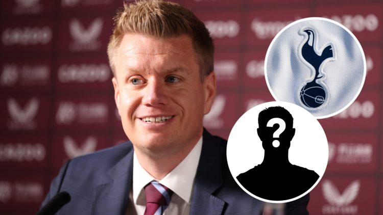 Tottenham Hotspur sporting director Johan Lange during Aston Villa press conference. Inset of Spurs badge and mystery player.