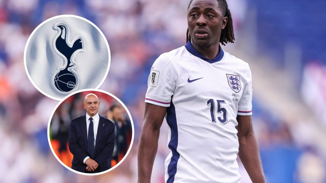 England forward Eberechi Eze in action against Senegal. Inset of Tottenham Hotspur chairman Daniel Levy at Europa League final and a Spurs badge.
