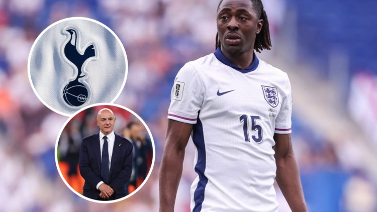 England forward Eberechi Eze in action against Senegal. Inset of Tottenham Hotspur chairman Daniel Levy at Europa League final and a Spurs badge.