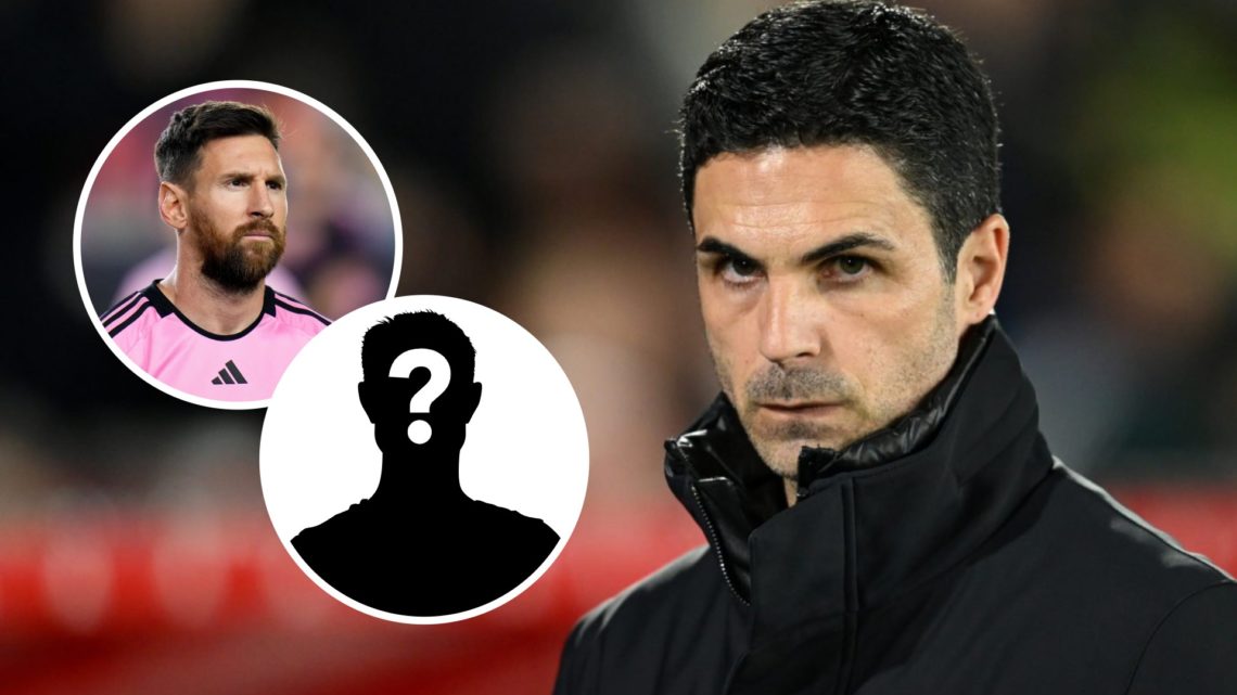 Mikel Arteta looks concerned during an Arsenal match. Inset, Lionel Messi and a question mark.