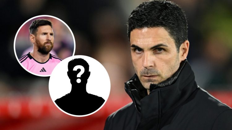 Mikel Arteta looks concerned during an Arsenal match. Inset, Lionel Messi and a question mark.