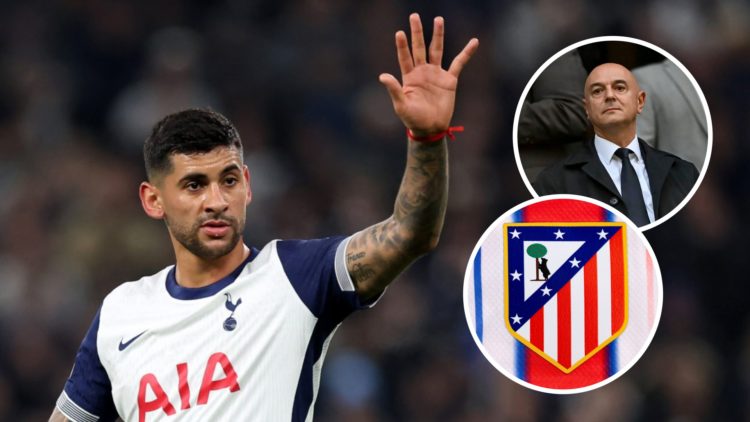 Tottenham Hotspur defender Cristian Romero in action during Europa League match. Inset of Spurs chairman Daniel Levy and an Atletico Madrid badge.