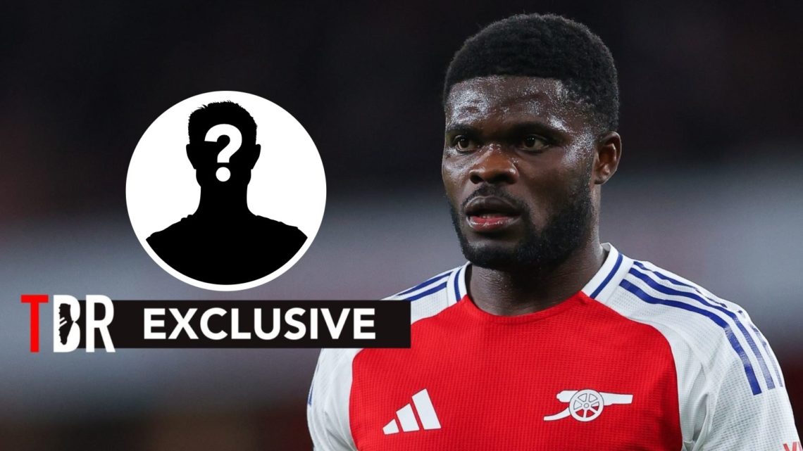 Thomas Partey looks on during an Arsenal match. Inset, question mark.