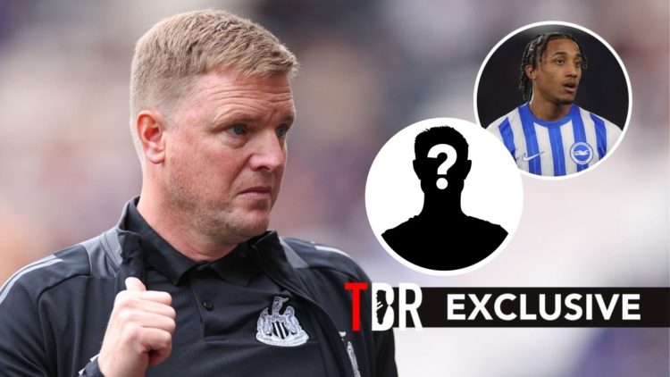Eddie Howe looks on during a Newcastle match. Inset, Brighton's Joao Pedro and a question mark.