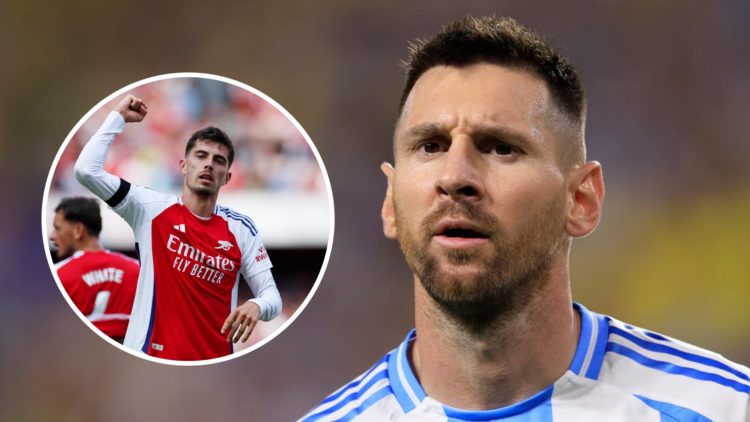 Lionel Messi looks on during an Argetina match. Inset, Kai Havertz at Arsenal.