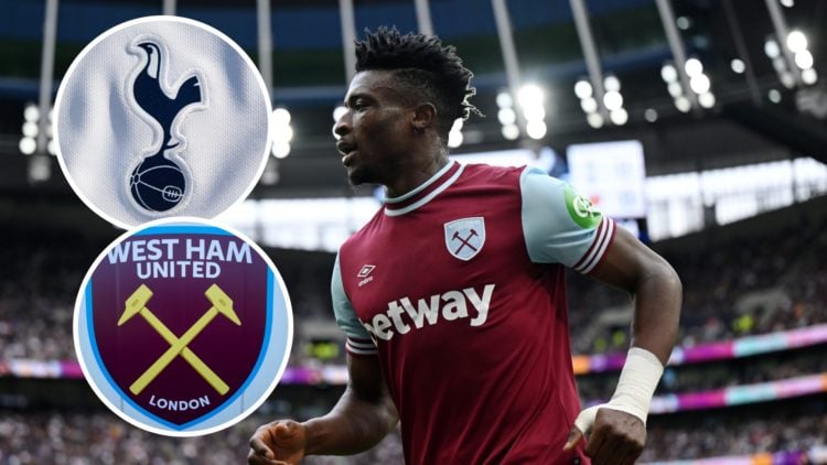West Ham United attacker Mohammed Kudus celebrates goal at the Tottenham Hotspur stadium. Inset of Spurs badge and West Ham badge.