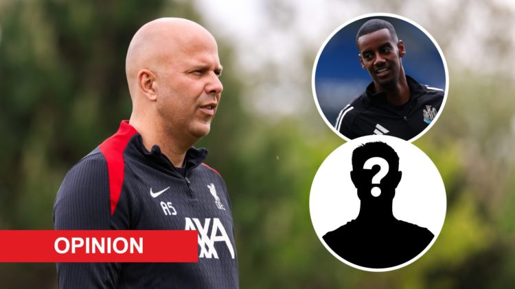Image of Arne Slot at Liverpool training with overlay of Alexander Isak and overlay of mystery player