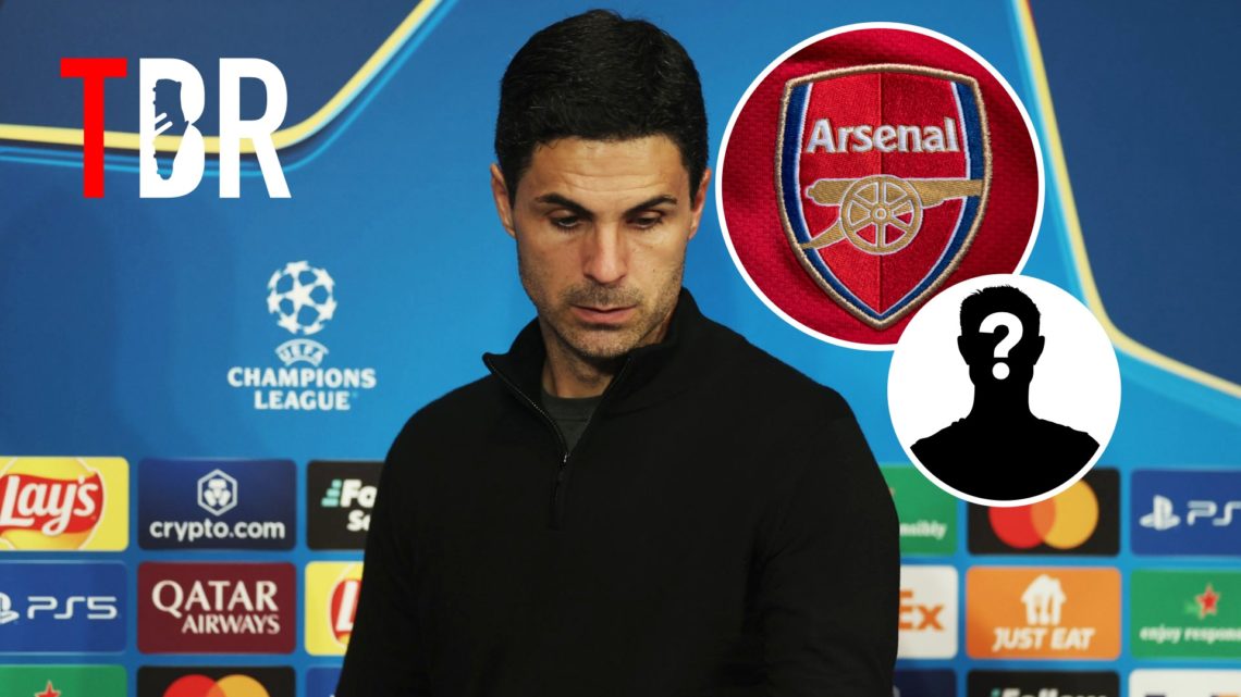 Mikel Arteta looks dejected after PSG knock Arsenal out of the UEFA Champions League, Arsenal badge and mystery figure inset
