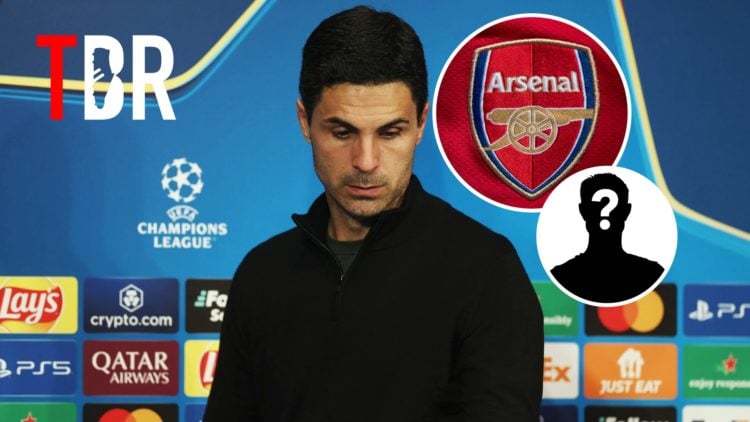 Mikel Arteta looks dejected after PSG knock Arsenal out of the UEFA Champions League, Arsenal badge and mystery figure inset