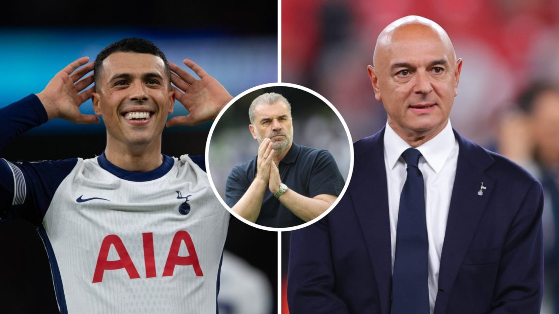 Split image of Pedro Porro (L) and Daniel Levy (R). Inset of Tottenham Hotspur manager Ange Postecoglou.
