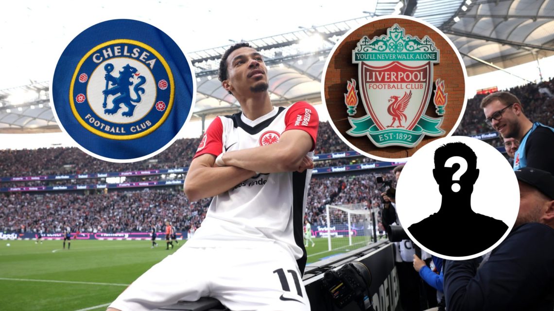 Image of Hugo Ekitike celebrating a goal for Eintracht Frankfurt, Liverpool badge, Chelsea badge and mystery figure inset