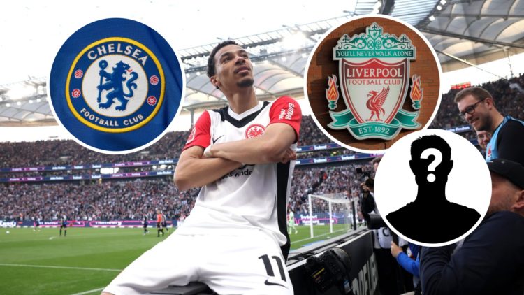 Image of Hugo Ekitike celebrating a goal for Eintracht Frankfurt, Liverpool badge, Chelsea badge and mystery figure inset