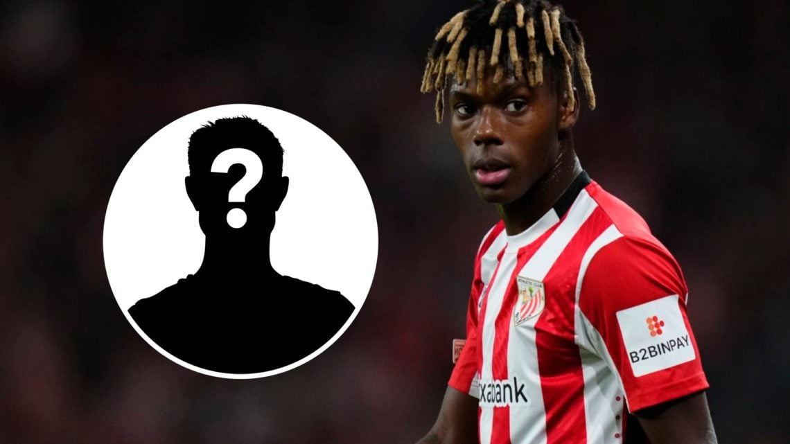 Nico Williams during a match for Athletic Club in the Europa League. Inset, question mark.