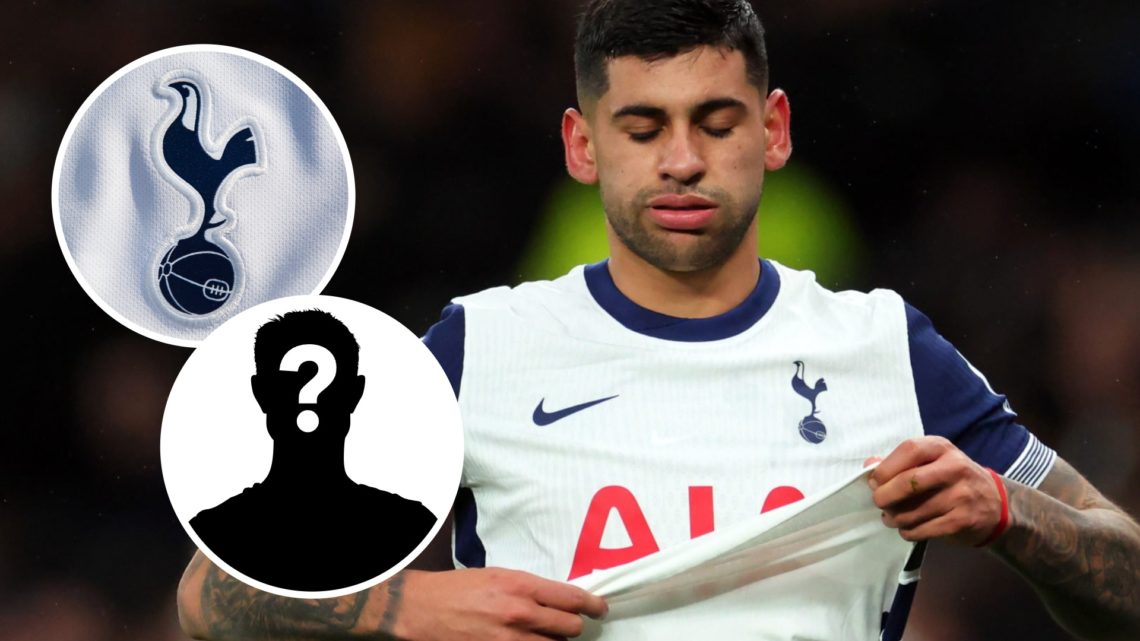Tottenham Hotspur defender Cristian Romero. Inset of Tottenham badge and mystery player.