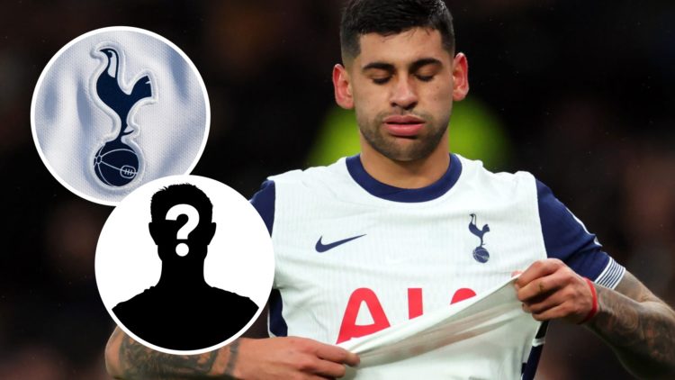 Tottenham Hotspur defender Cristian Romero. Inset of Tottenham badge and mystery player.