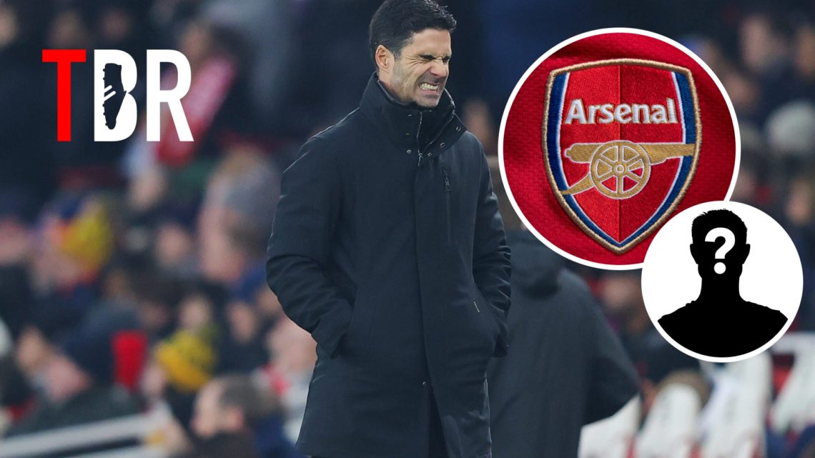 Mikel Arteta cringes during an FA Cup clash between Manchester United and Arsenal, Arsenal badge and mystery figure inset