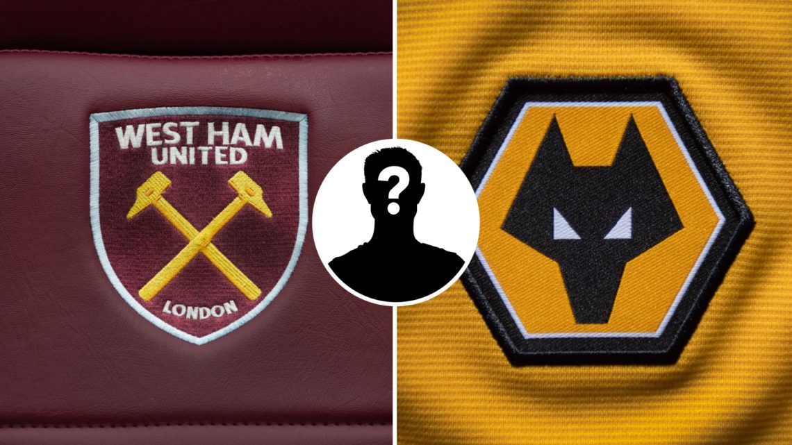Split image of the West Ham badge and the Wolves badge, mystery figure inset