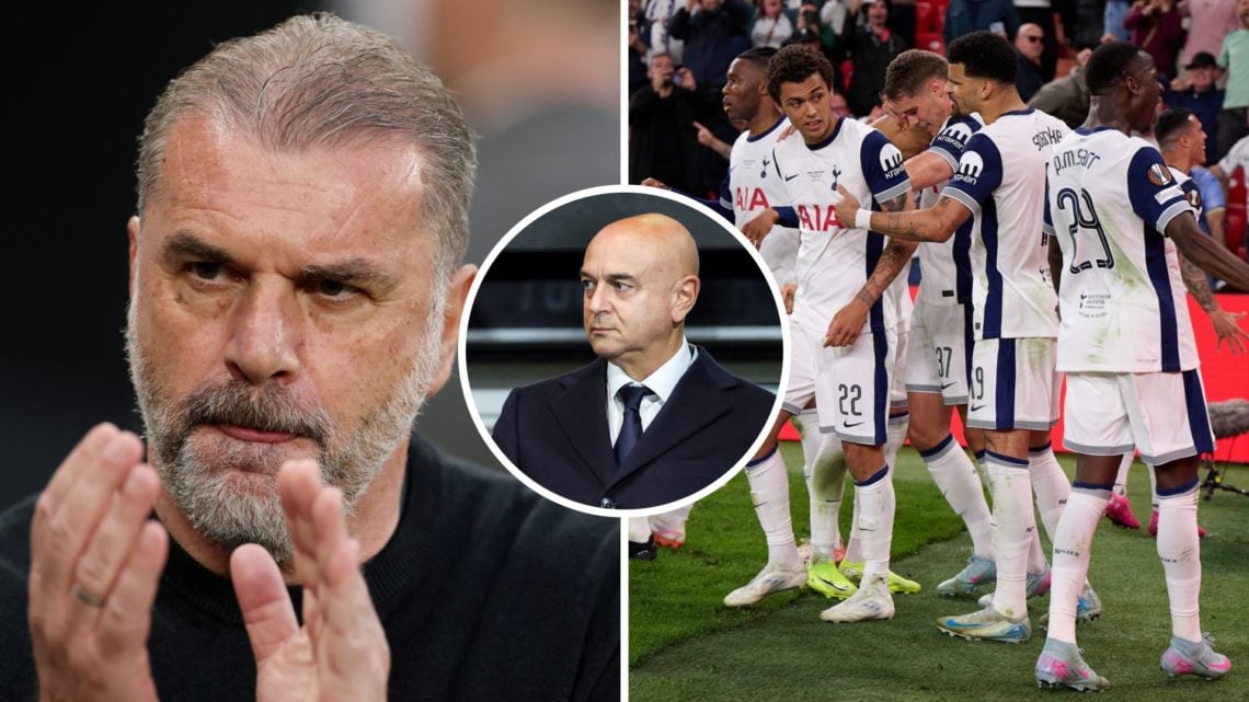 Split image of Tottenham manager Ange Postecoglou (L) and Tottenham players celebrating. Inset of Daniel Levy.