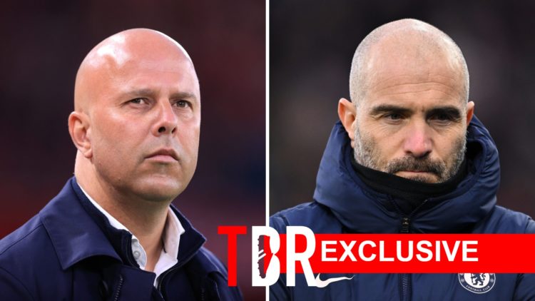 Split image of (L) Liverpool manager Arne Slot and (R) Chelsea boss Enzo Maresca both looking on during their respective teams' games