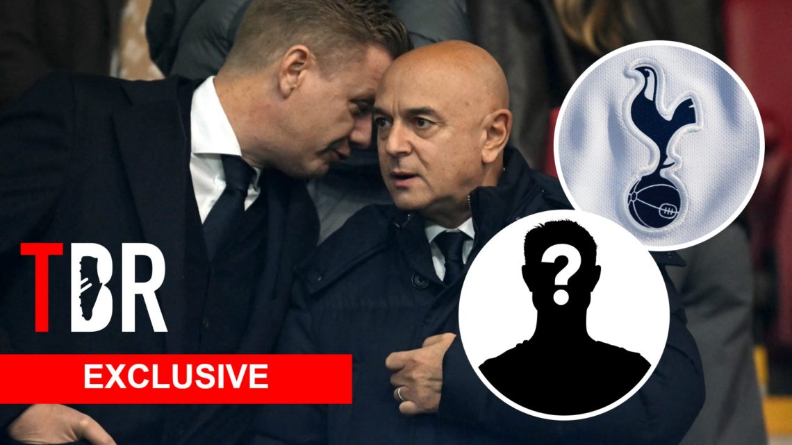 Tottenham Hotspur chairman Daniel Levy and Johan Lange. Inset of Tottenham badge and mystery manager.
